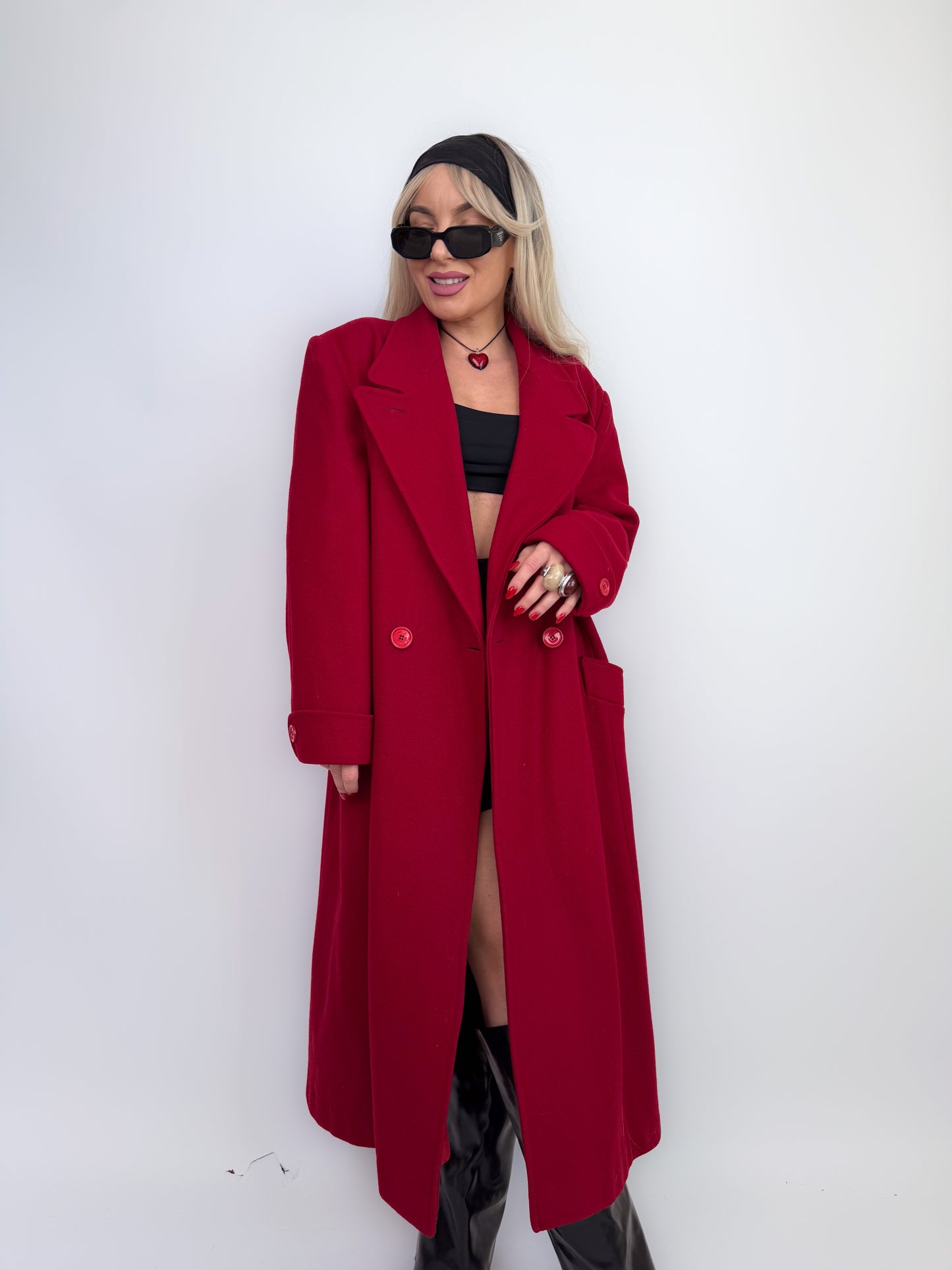 Vintage Red Pure Wool Trench Coat – Classic Full Length Double Breasted Fall Winter Jacket Size M-L