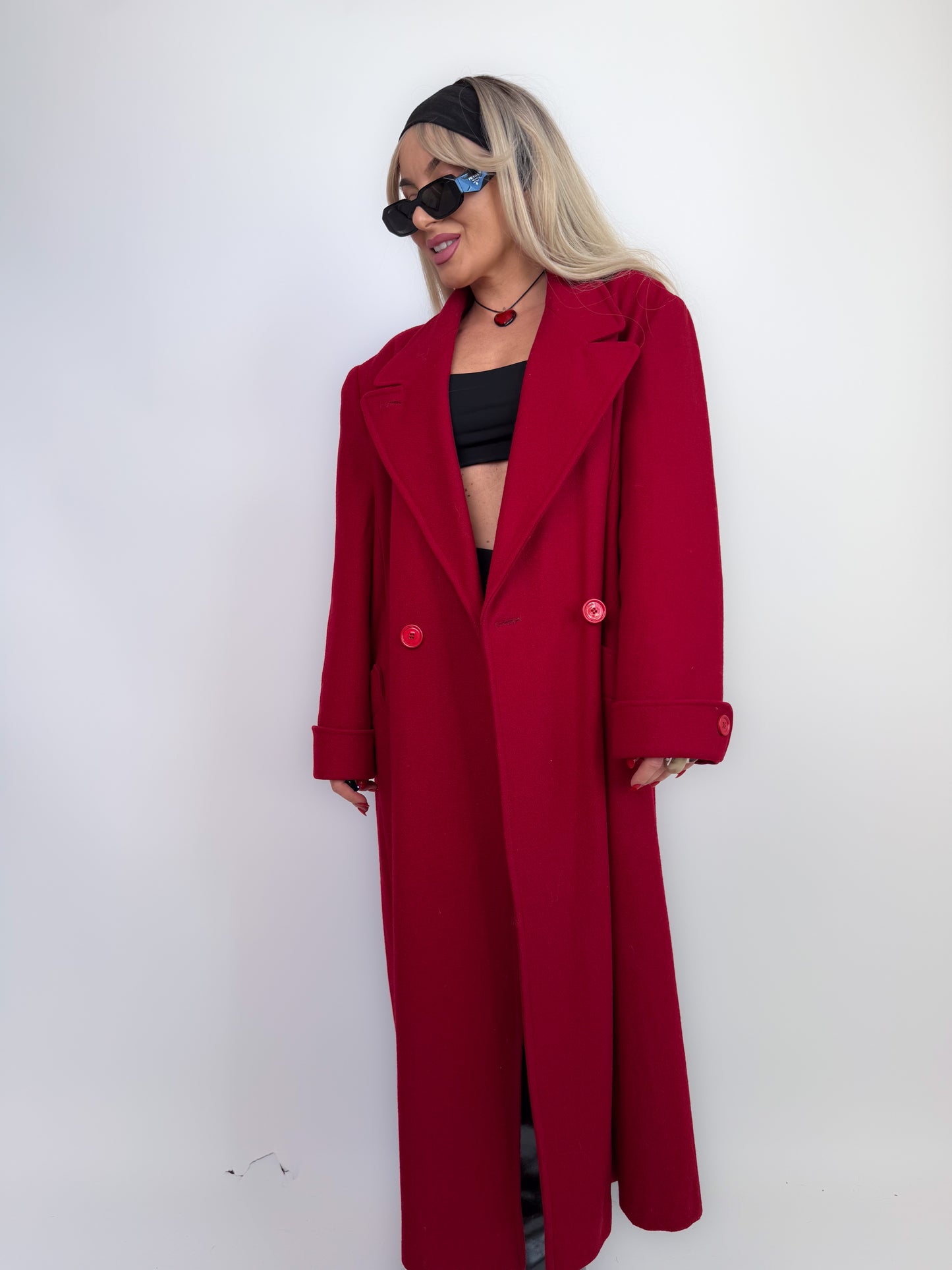 Vintage Red Pure Wool Trench Coat – Classic Full Length Double Breasted Fall Winter Jacket Size M-L