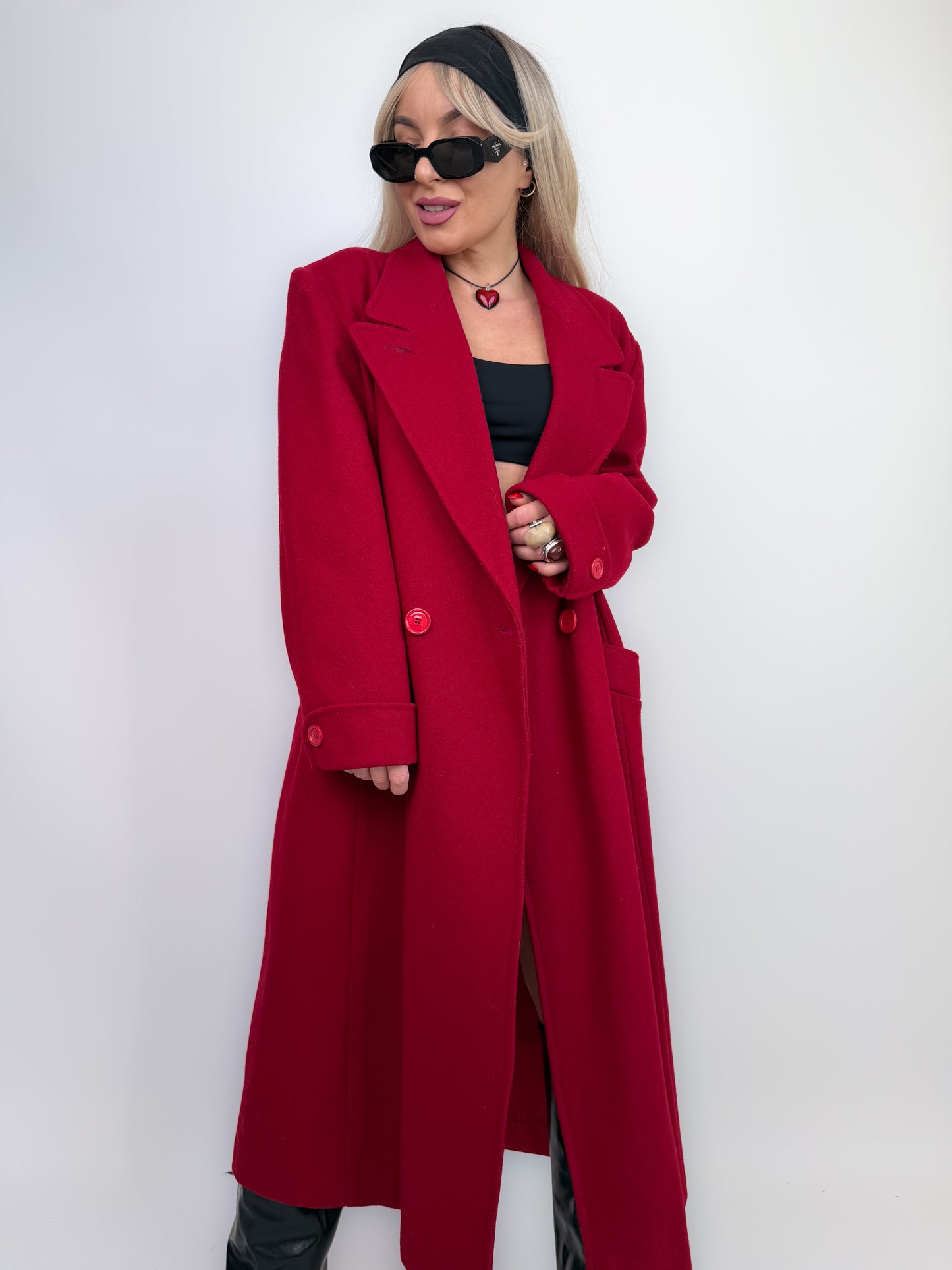 Vintage Red Pure Wool Trench Coat – Classic Full Length Double Breasted Fall Winter Jacket Size M-L