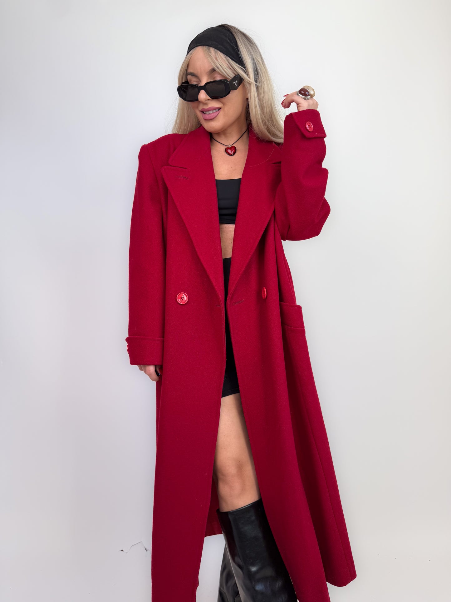 Vintage Red Pure Wool Trench Coat – Classic Full Length Double Breasted Fall Winter Jacket Size M-L