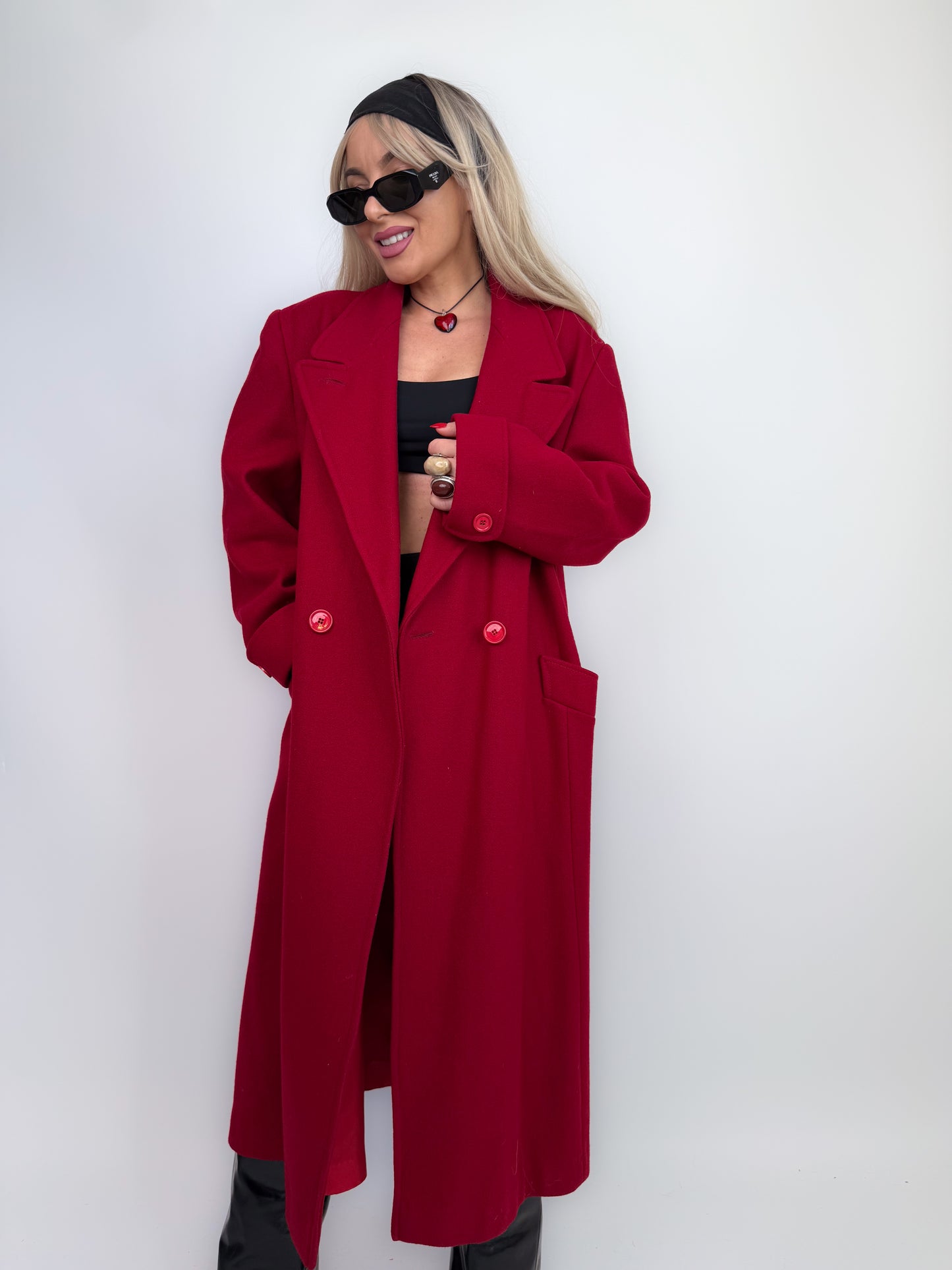 Vintage Red Pure Wool Trench Coat – Classic Full Length Double Breasted Fall Winter Jacket Size M-L