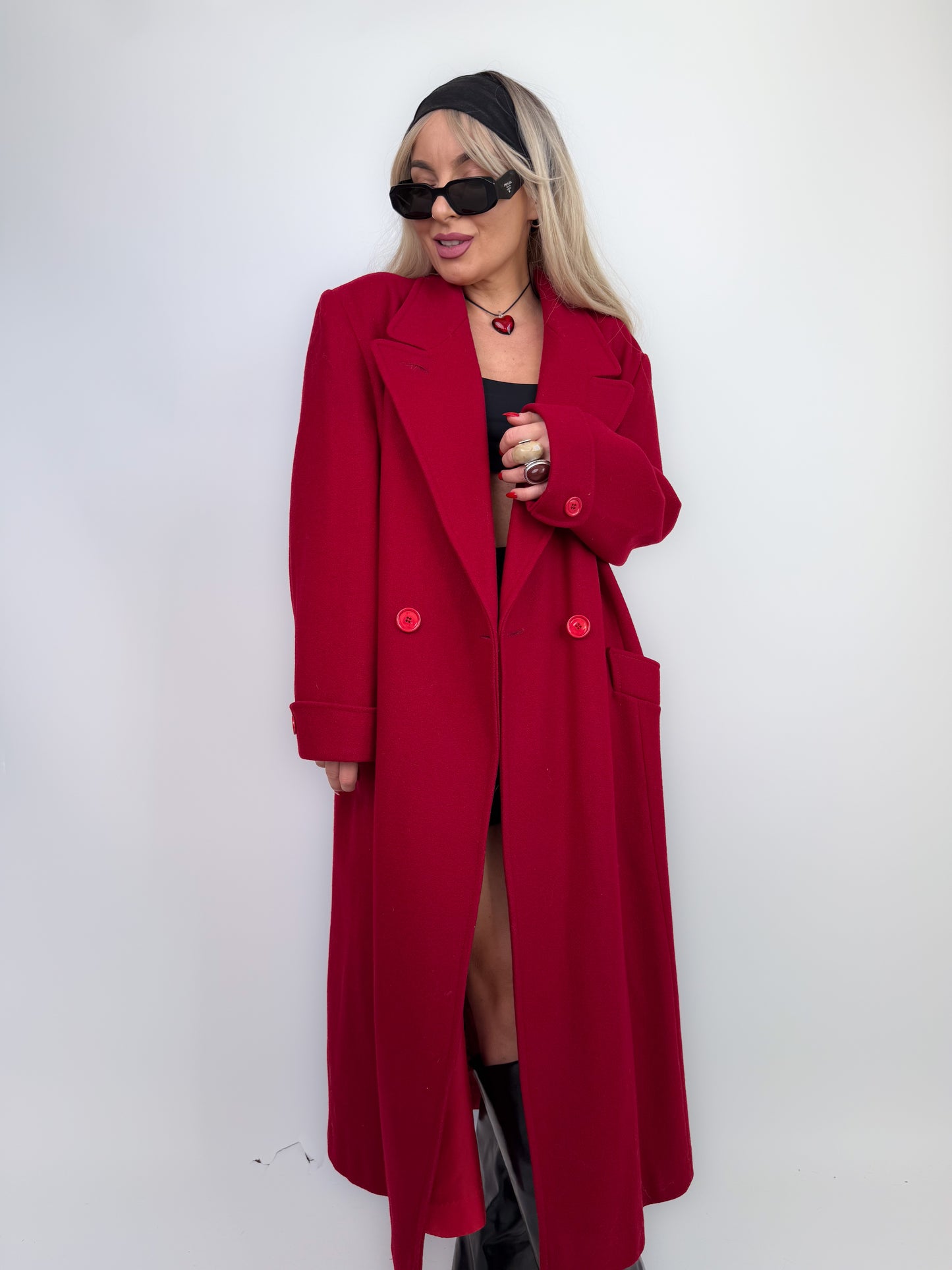 Vintage Red Pure Wool Trench Coat – Classic Full Length Double Breasted Fall Winter Jacket Size M-L