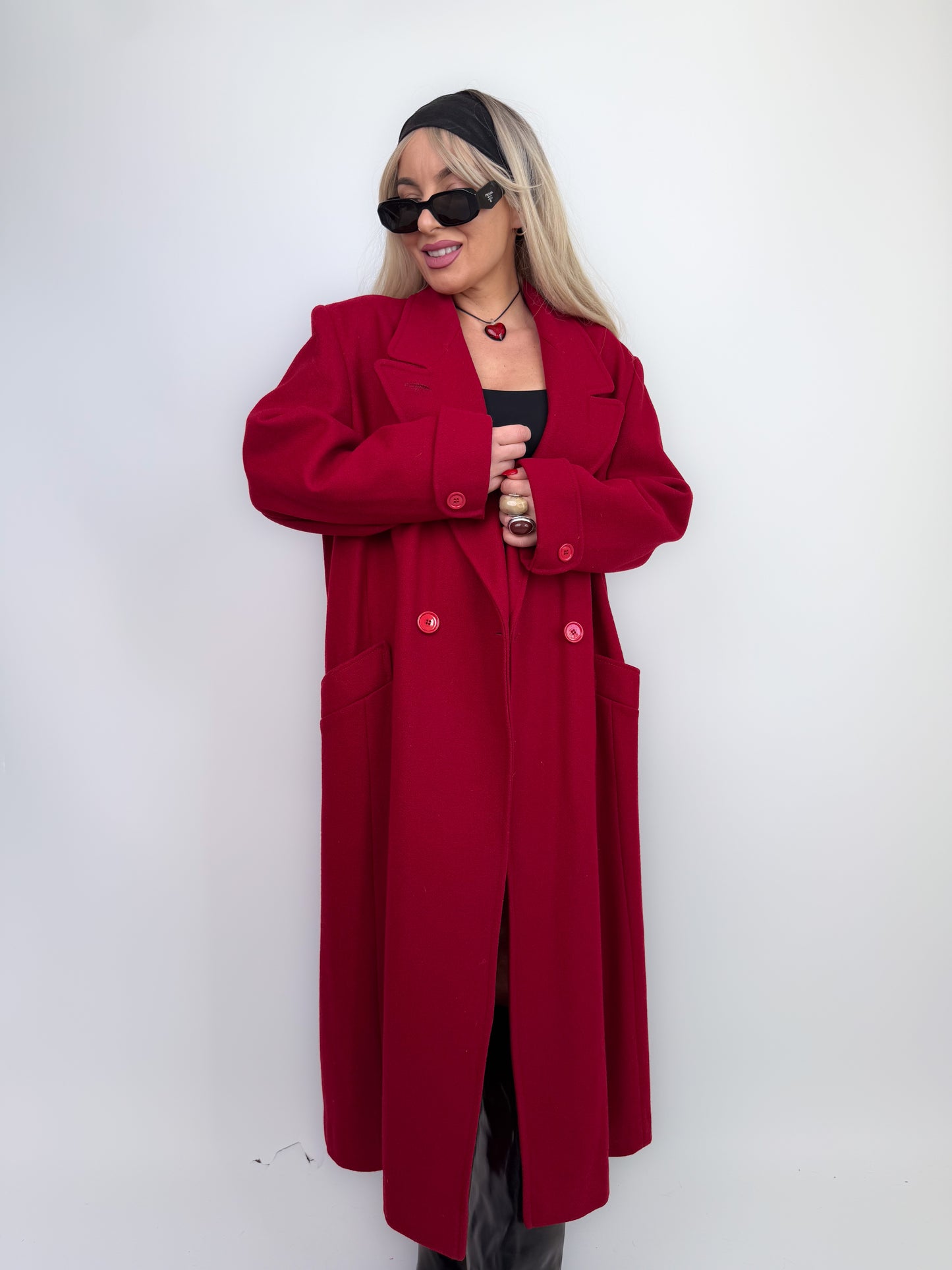 Vintage Red Pure Wool Trench Coat – Classic Full Length Double Breasted Fall Winter Jacket Size M-L