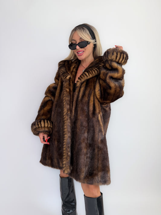 Vintage 90s Faux Fur Coat Brown-Mob Wife Energy Winter Jacket - Y2K Mink Fox Look Winter Jacket Coat L-XL