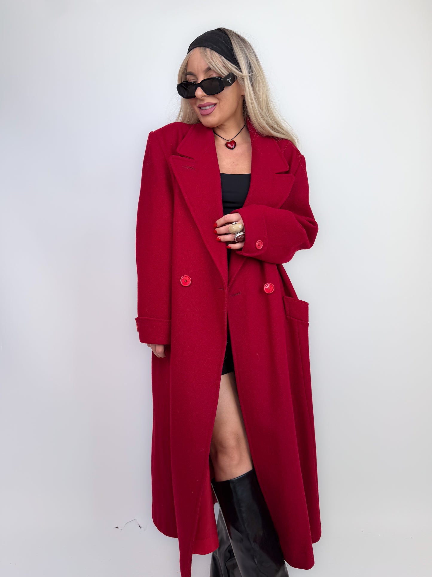 Vintage Red Pure Wool Trench Coat – Classic Full Length Double Breasted Fall Winter Jacket Size M-L