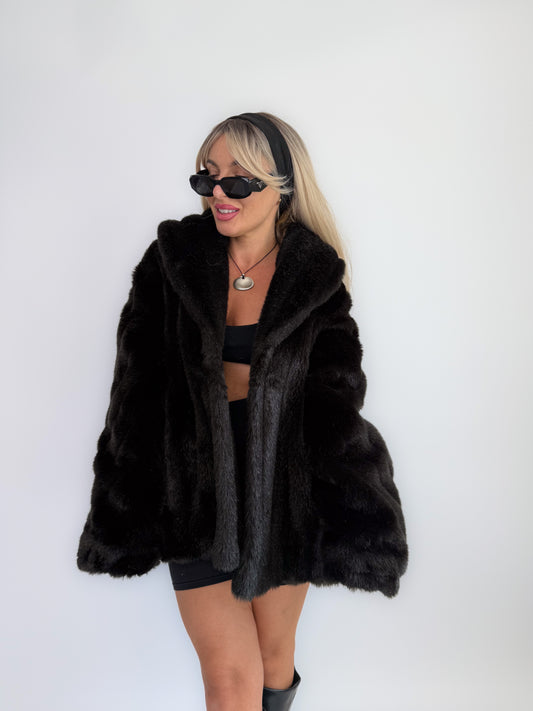 Vintage Dark Brown Faux Fur Coat Women’s Size Large – Made in USA Winter Jacket