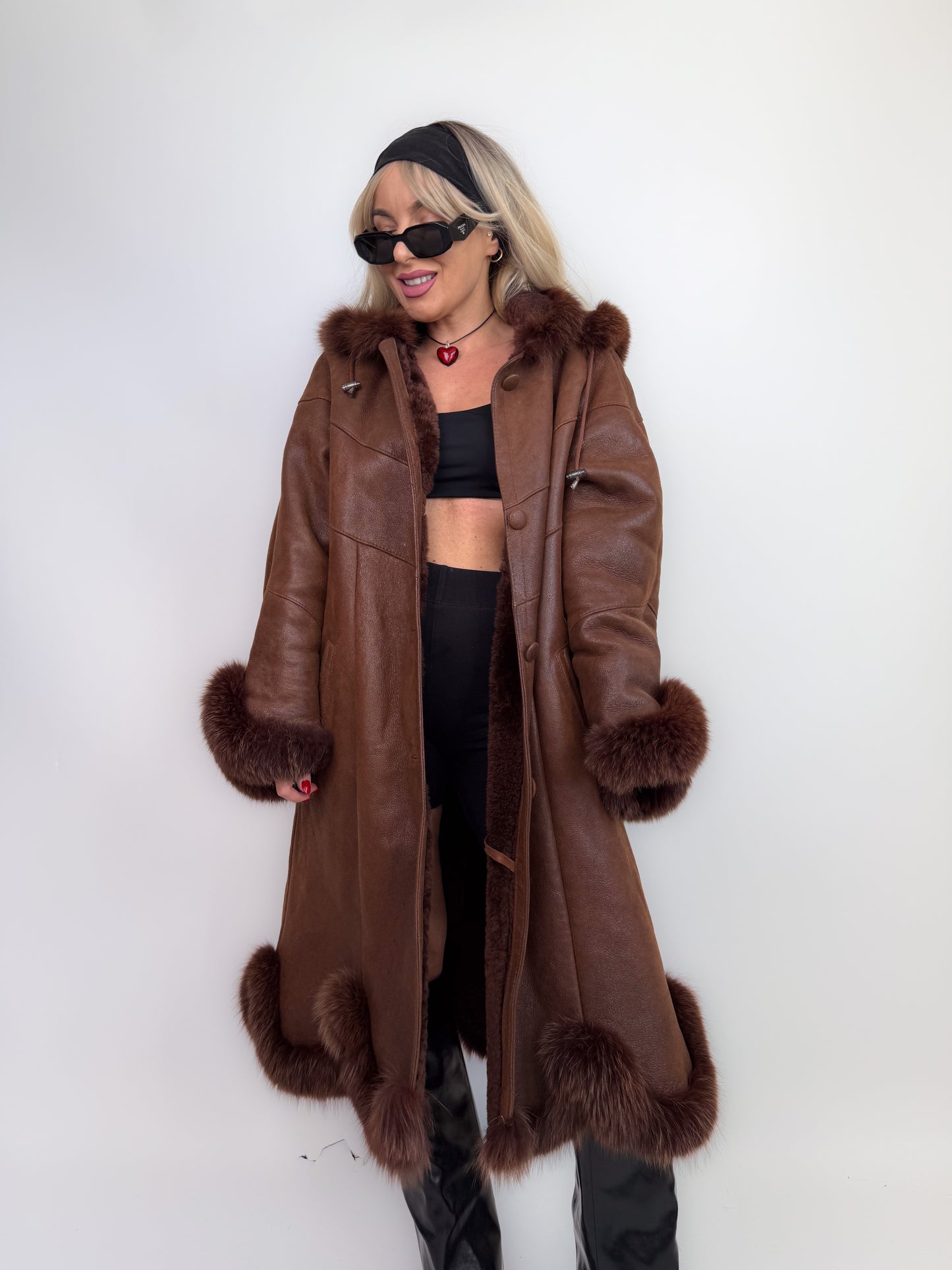 Vintage shearling leather geniune fox fur trim wool lined chocolate brown hooded winter coat Size M-L