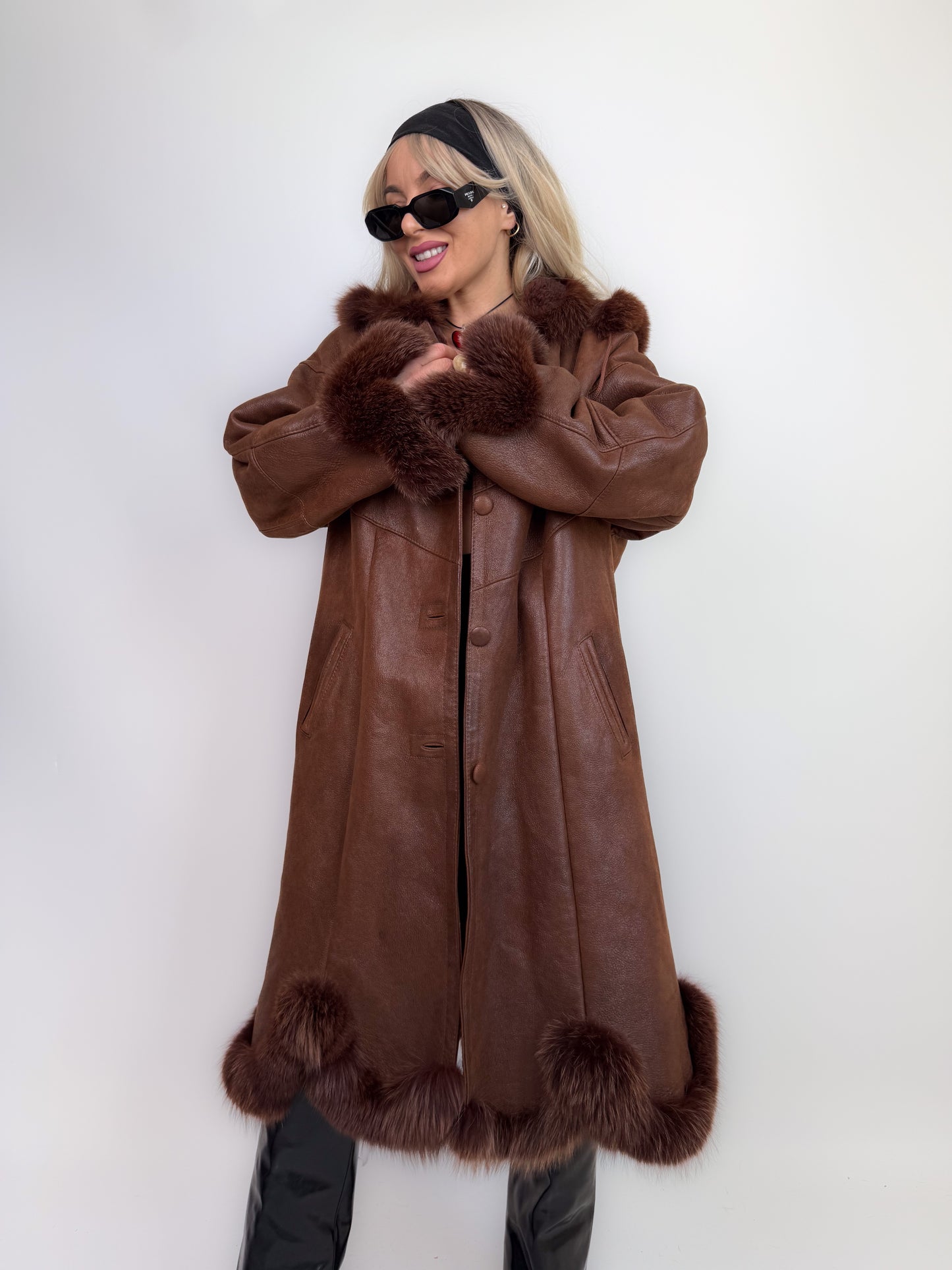 Vintage shearling leather geniune fox fur trim wool lined chocolate brown hooded winter coat Size M-L