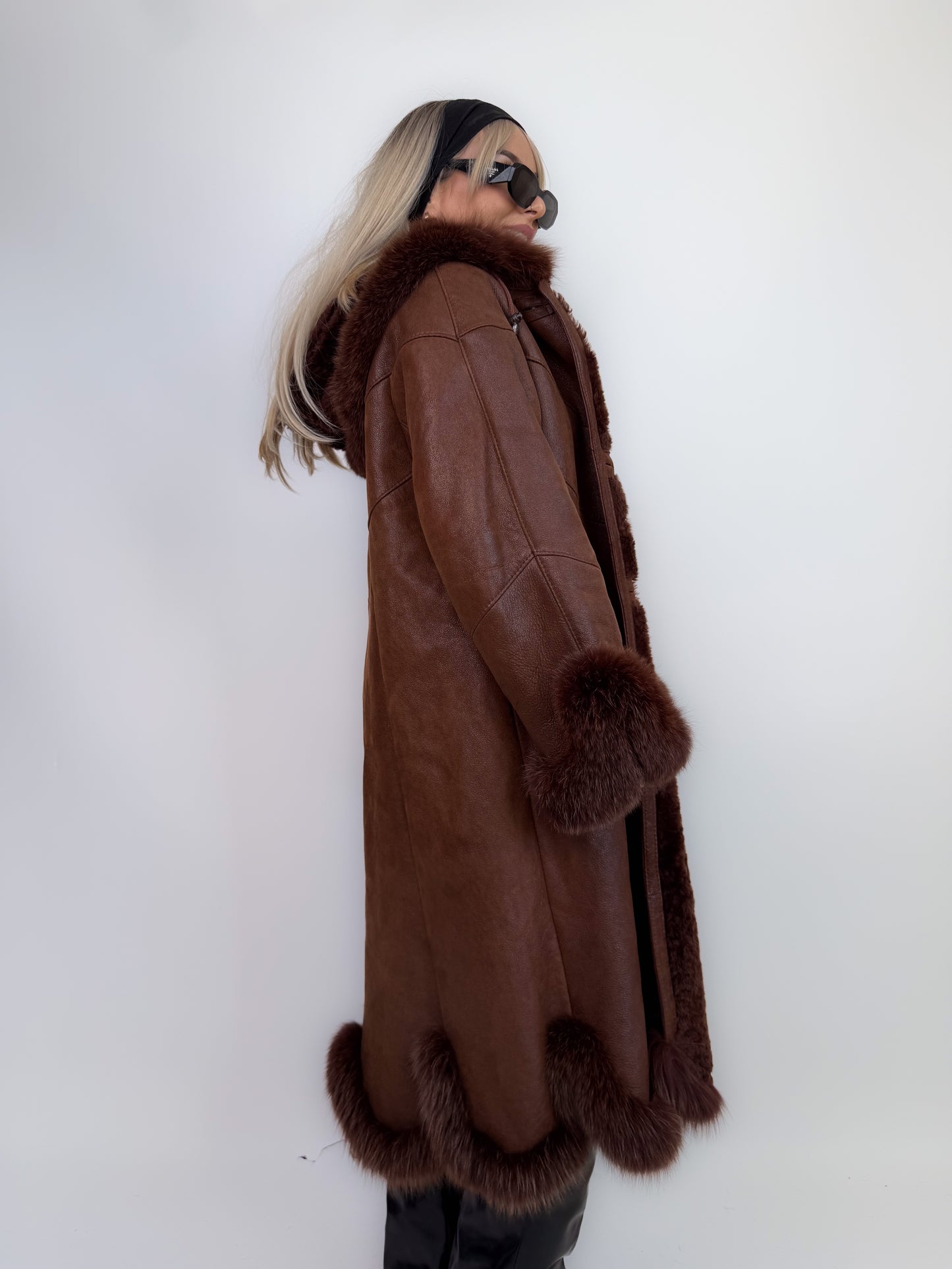 Vintage shearling leather geniune fox fur trim wool lined chocolate brown hooded winter coat Size M-L