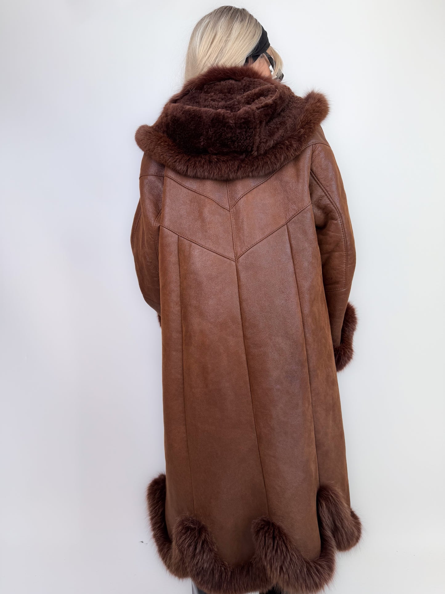 Vintage shearling leather geniune fox fur trim wool lined chocolate brown hooded winter coat Size M-L