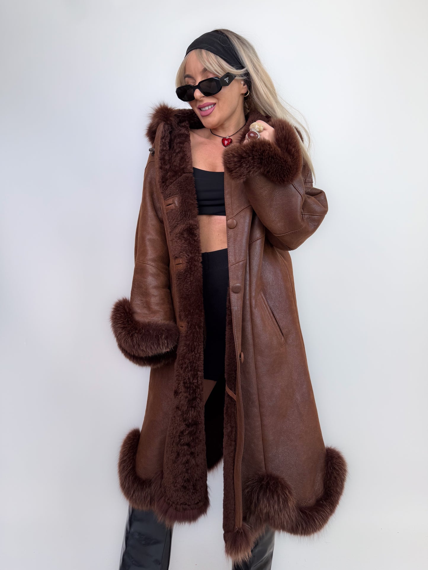 Vintage shearling leather geniune fox fur trim wool lined chocolate brown hooded winter coat Size M-L