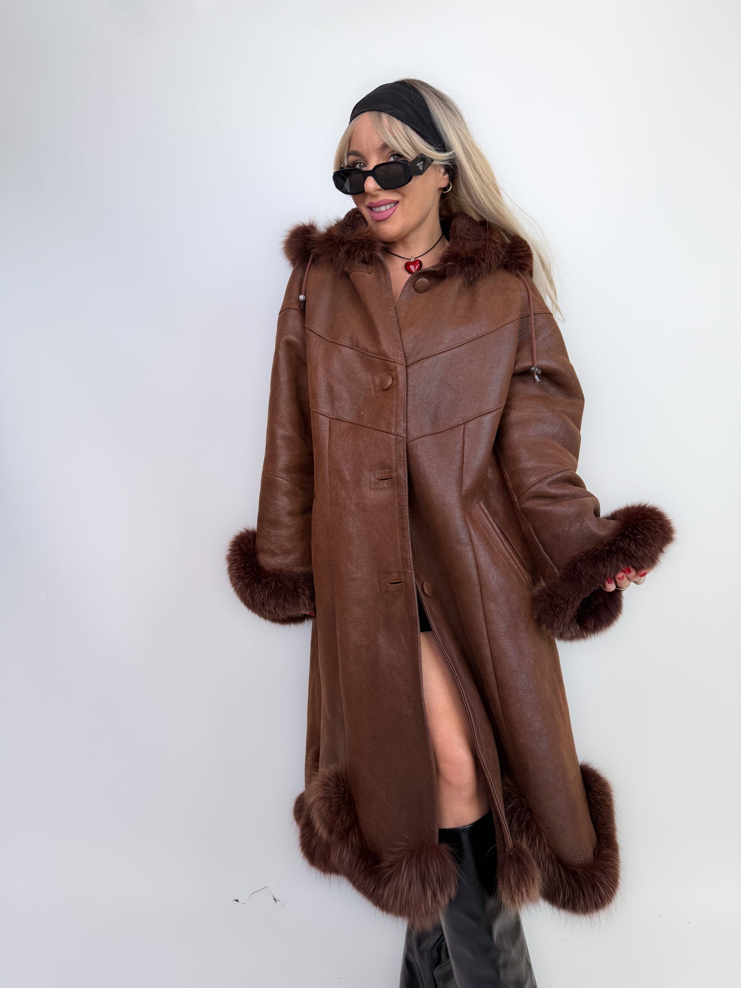 Vintage shearling leather geniune fox fur trim wool lined chocolate brown hooded winter coat Size M-L