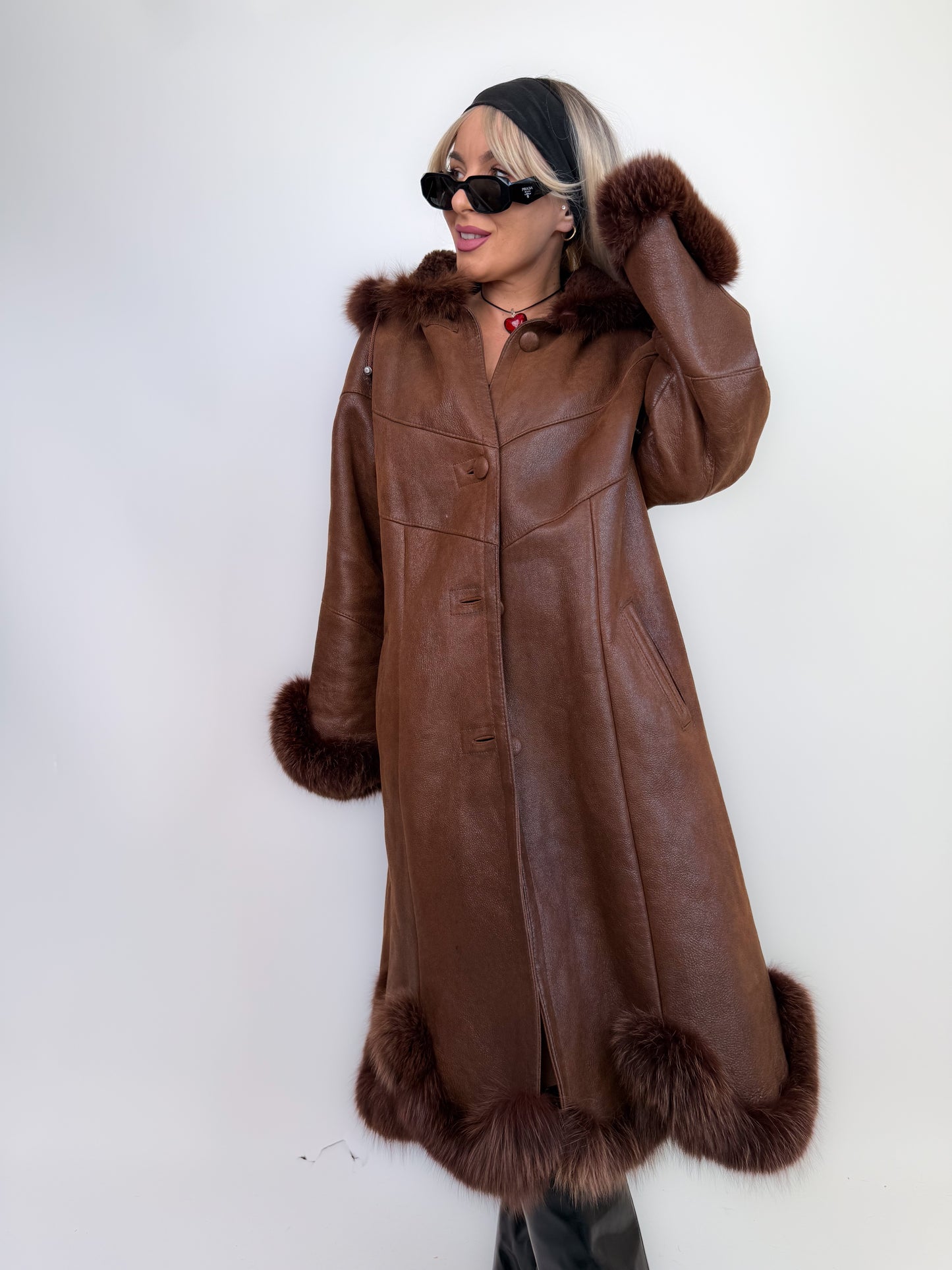 Vintage shearling leather geniune fox fur trim wool lined chocolate brown hooded winter coat Size M-L