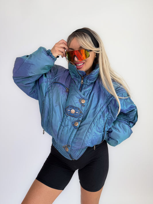 Vintage Kaelin Ski Bomber Jacket – 80s 90s Iridescent Blue Cropped Puffer Coat with Celestial Buttons M-L
