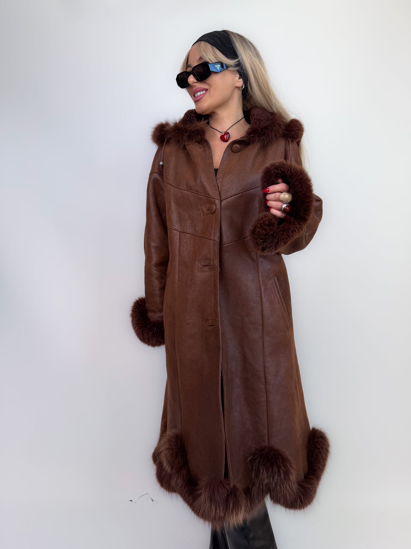 Vintage shearling leather geniune fox fur trim wool lined chocolate brown hooded winter coat Size M-L