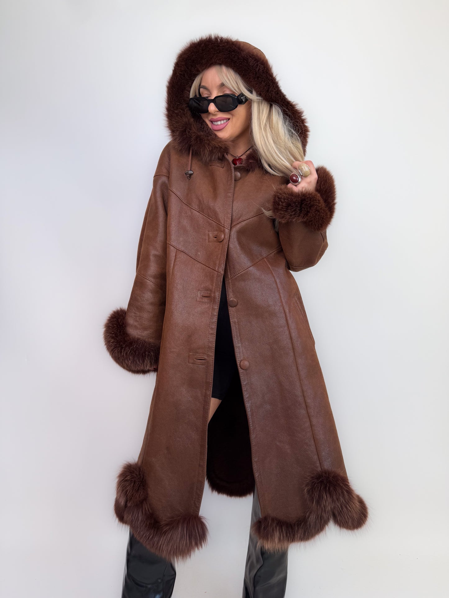 Vintage shearling leather geniune fox fur trim wool lined chocolate brown hooded winter coat Size M-L