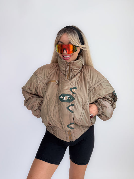 Vintage 90s Kaelin Ski Bomber Jacket Metallic Iridescent Puffer with Logo Snaps S-M