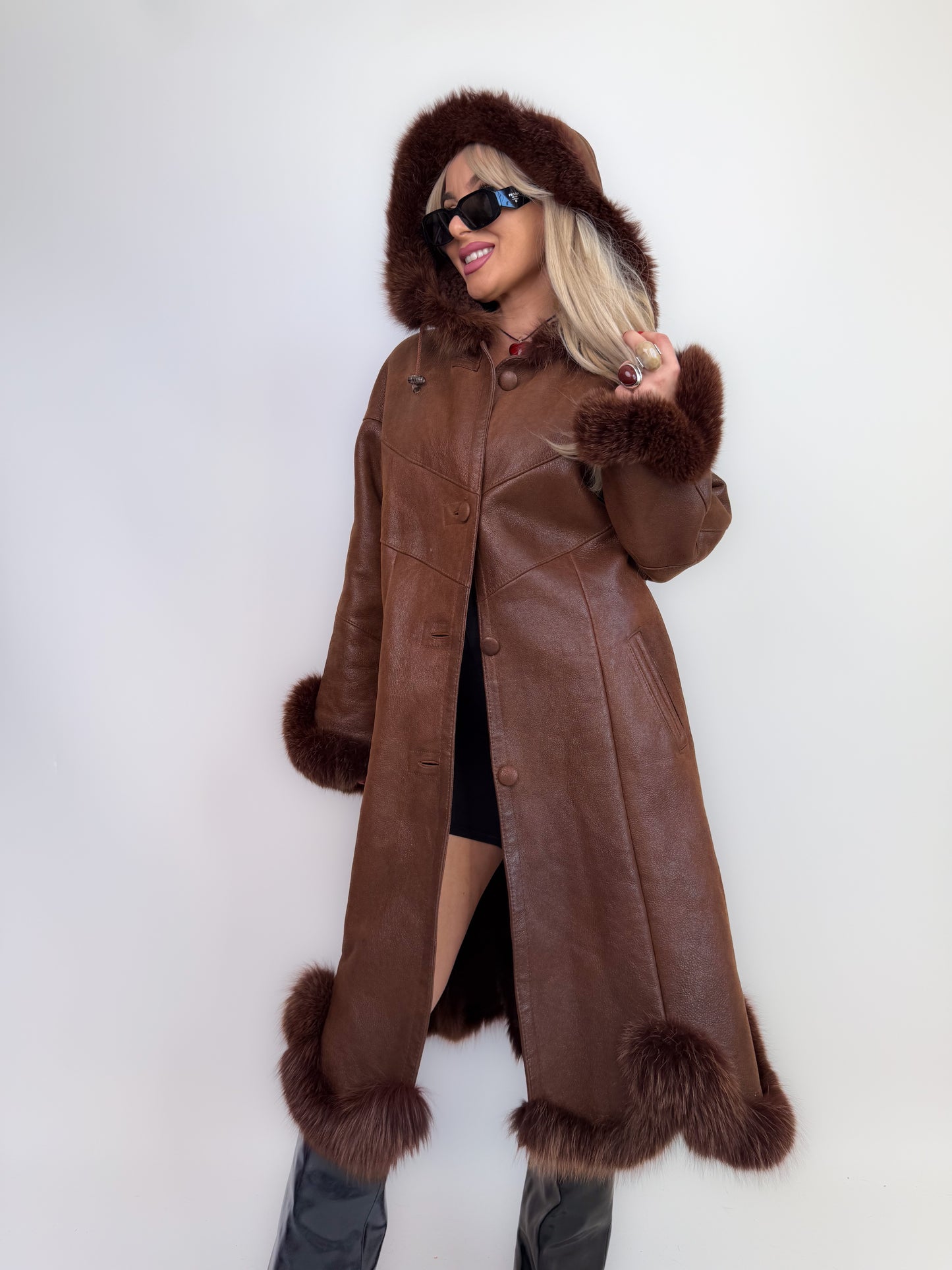 Vintage shearling leather geniune fox fur trim wool lined chocolate brown hooded winter coat Size M-L