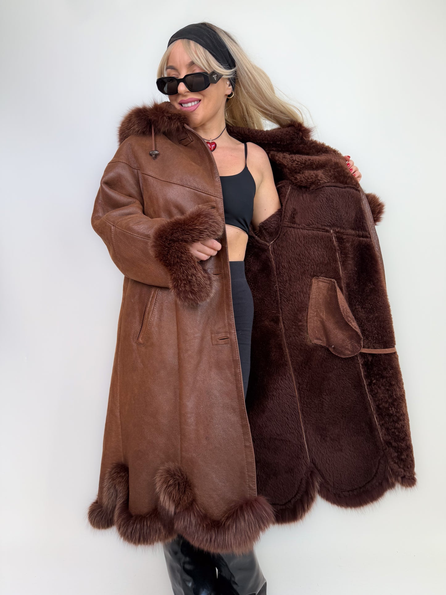 Vintage shearling leather geniune fox fur trim wool lined chocolate brown hooded winter coat Size M-L
