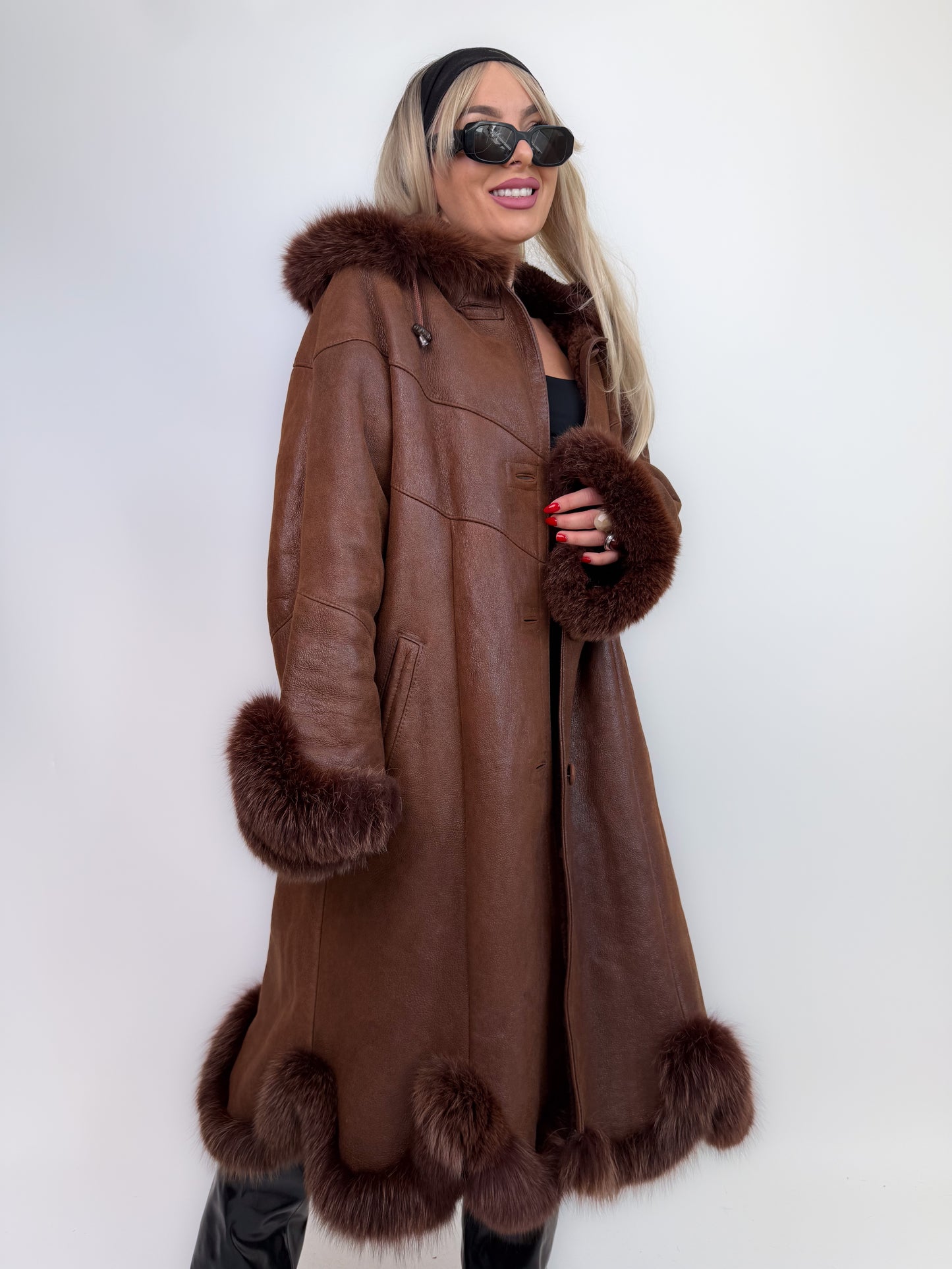 Vintage shearling leather geniune fox fur trim wool lined chocolate brown hooded winter coat Size M-L
