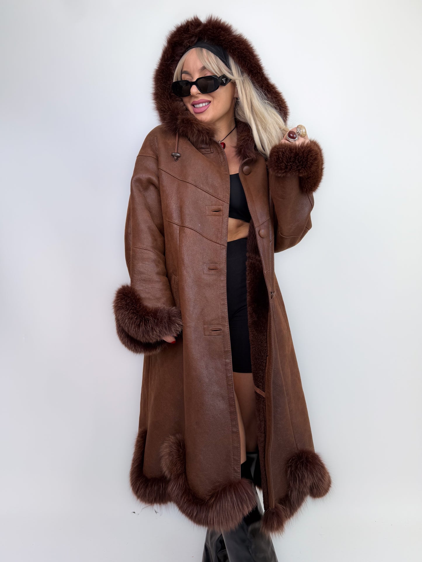 Vintage shearling leather geniune fox fur trim wool lined chocolate brown hooded winter coat Size M-L