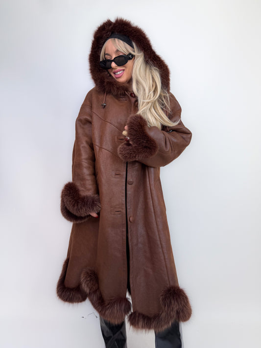 Vintage shearling leather geniune fox fur trim wool lined chocolate brown hooded winter coat Size M-L