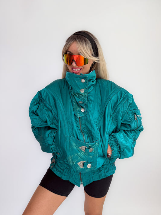 Vintage 90s Ski Puffer Bomber Neon Jacket – Retro Snow Bunny Vibes Winter Coat L-XL