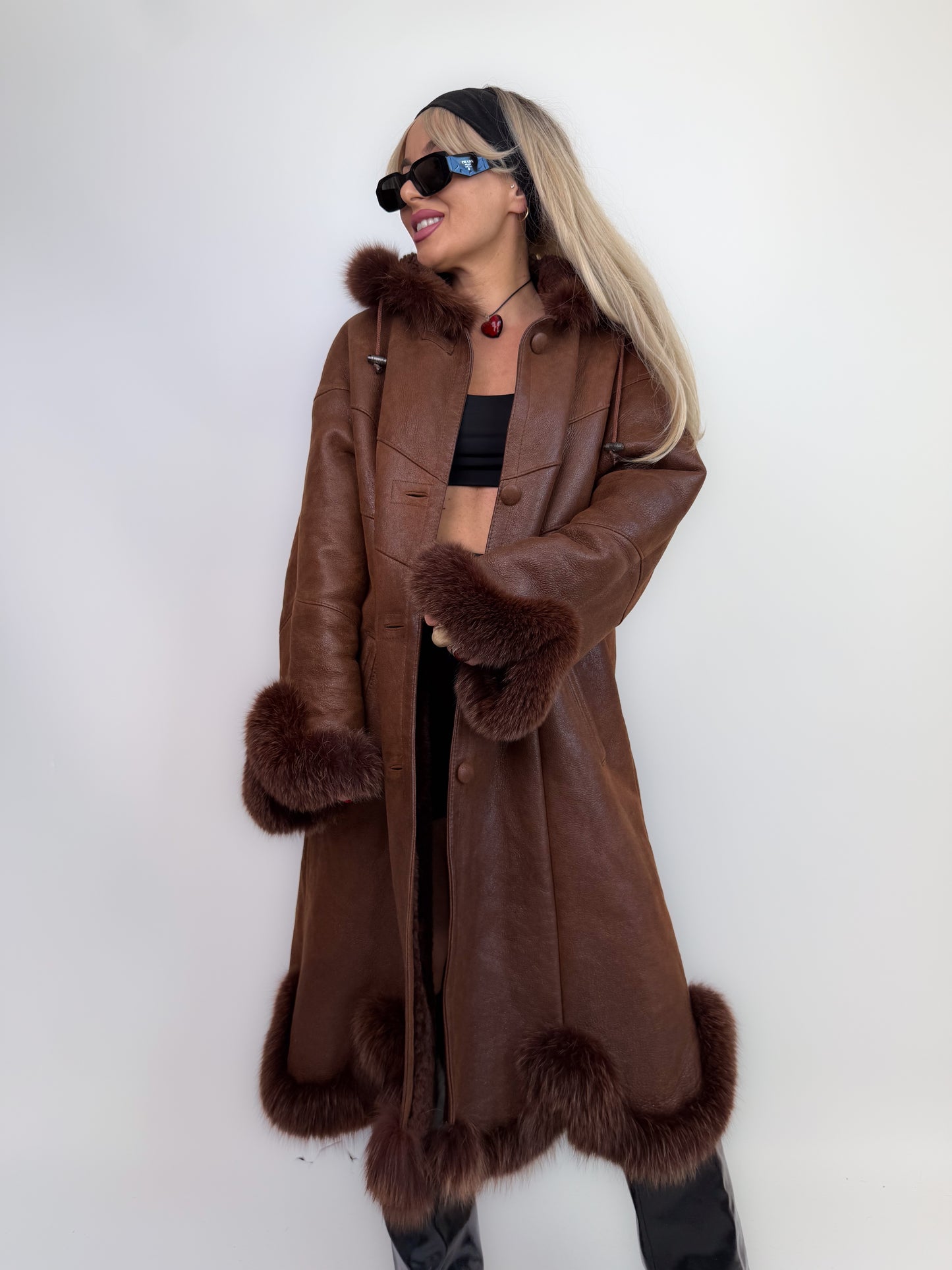 Vintage shearling leather geniune fox fur trim wool lined chocolate brown hooded winter coat Size M-L