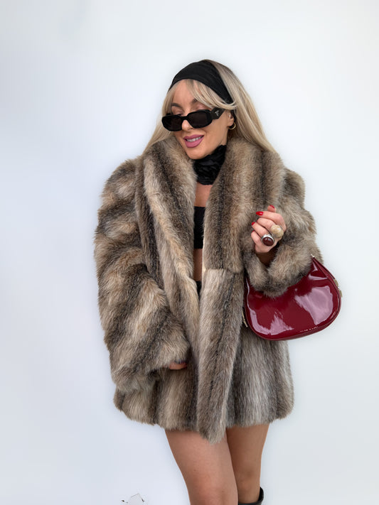 Vintage Brown Animal Print Faux Fur Winter Coat M-L