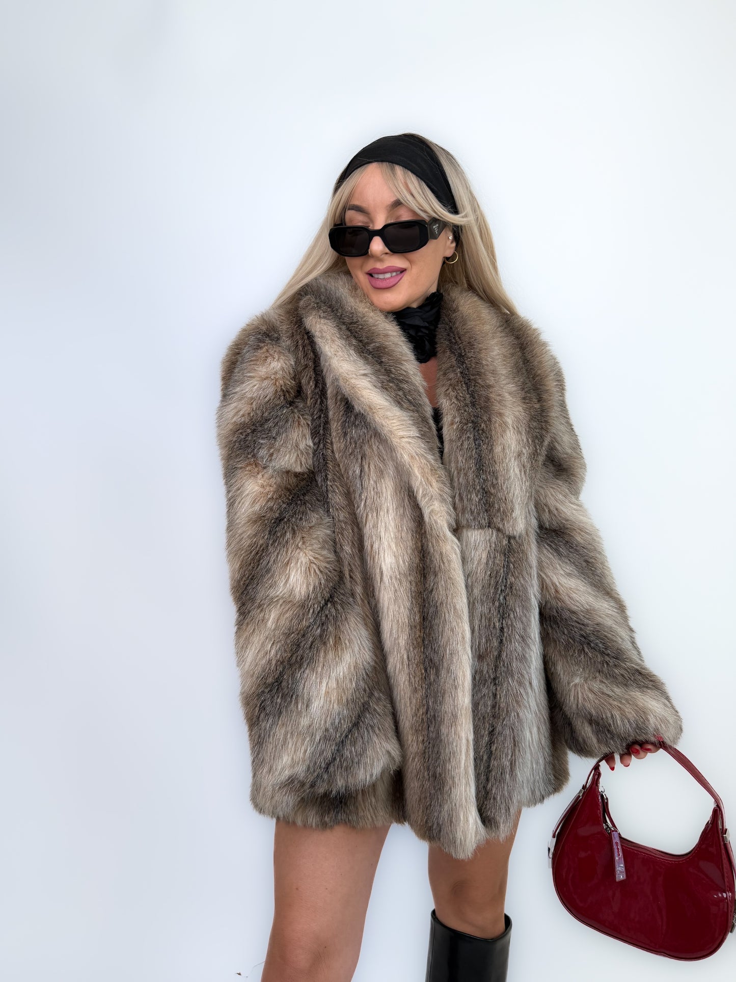 Vintage Brown Animal Print Faux Fur Winter Coat M-L