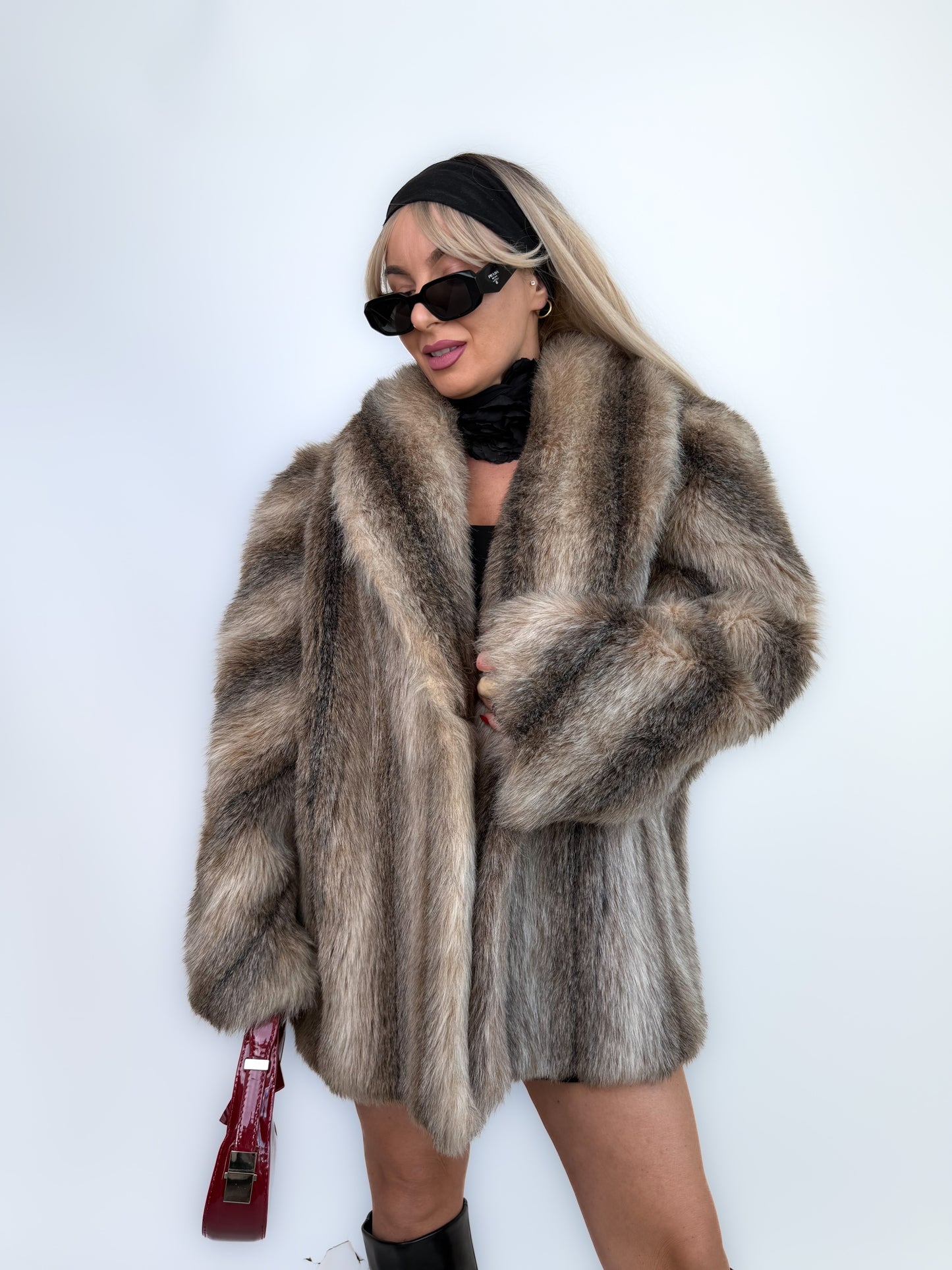 Vintage Brown Animal Print Faux Fur Winter Coat M-L