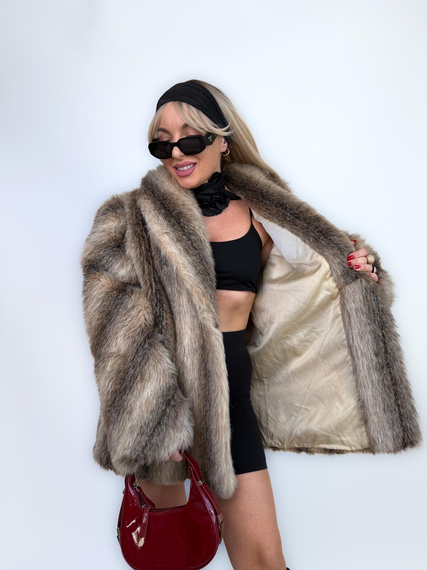 Vintage Brown Animal Print Faux Fur Winter Coat M-L