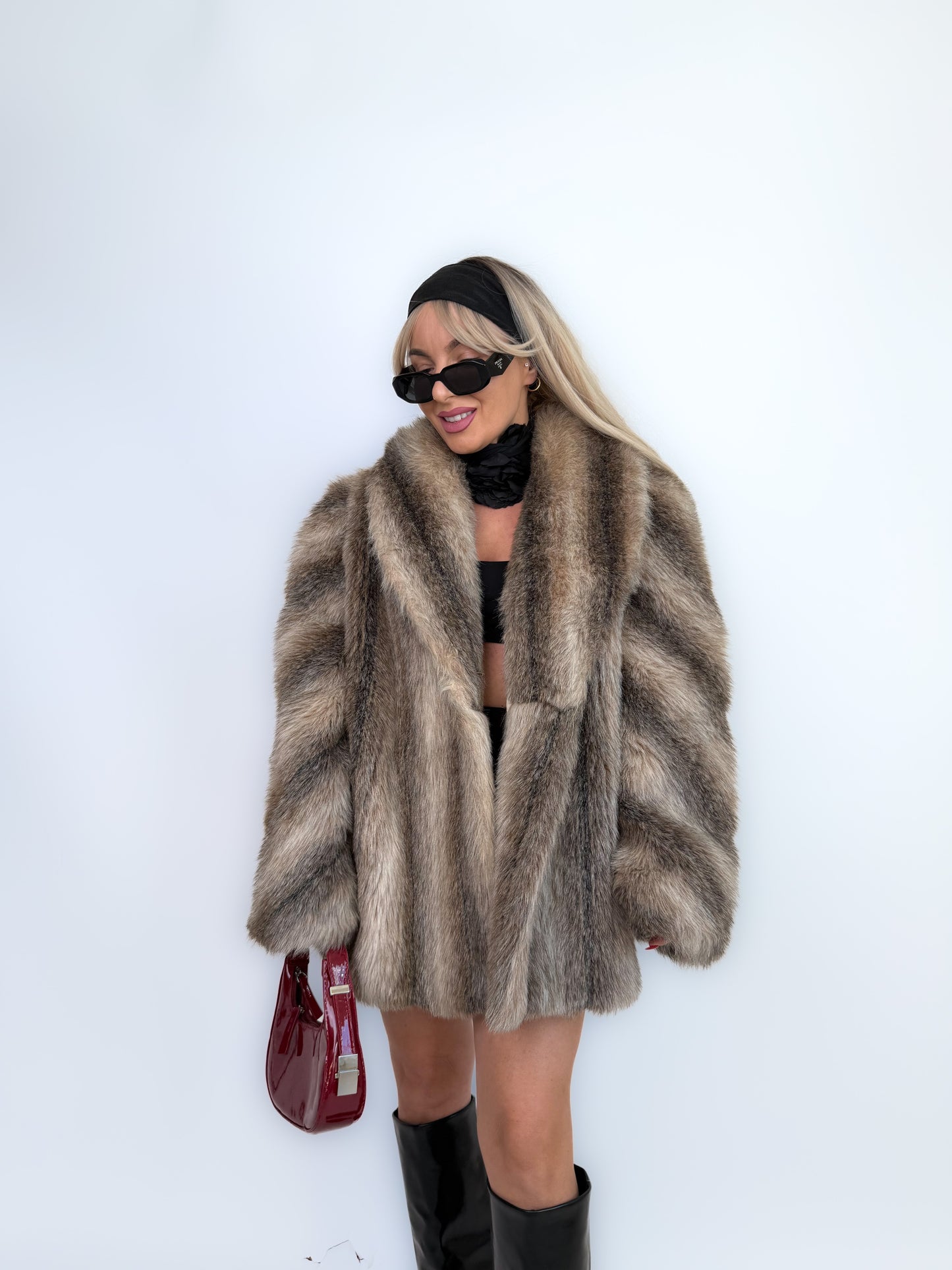 Vintage Brown Animal Print Faux Fur Winter Coat M-L