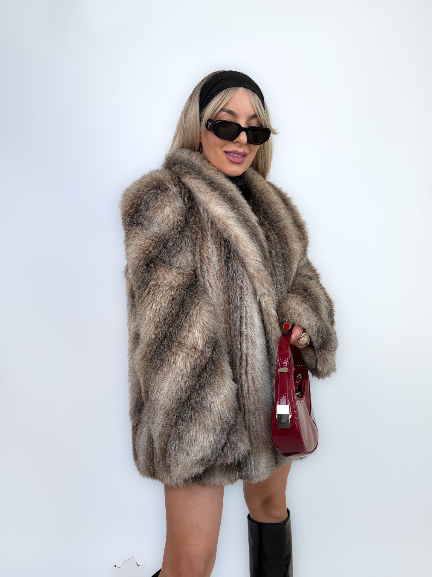 Vintage Brown Animal Print Faux Fur Winter Coat M-L