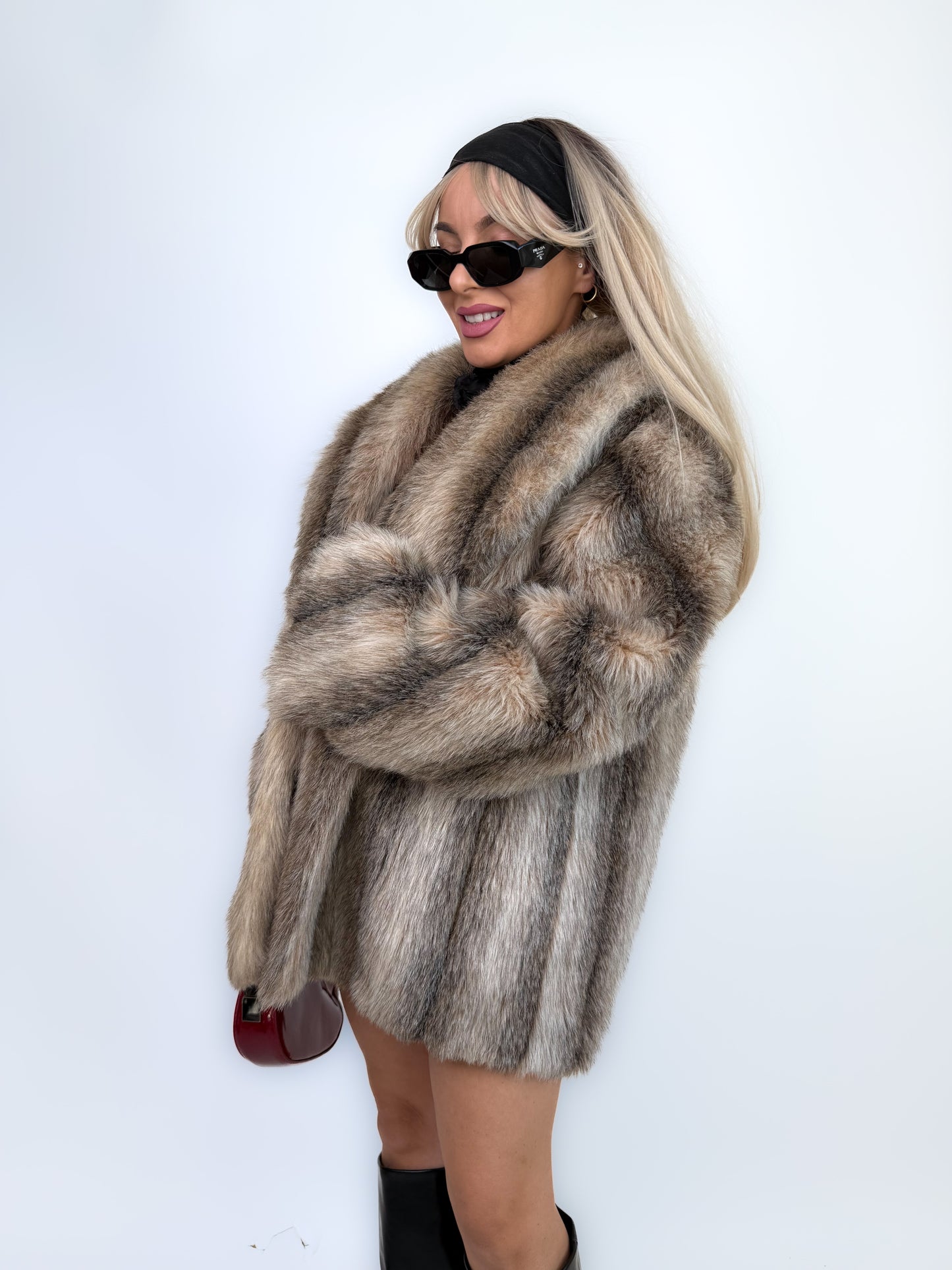 Vintage Brown Animal Print Faux Fur Winter Coat M-L