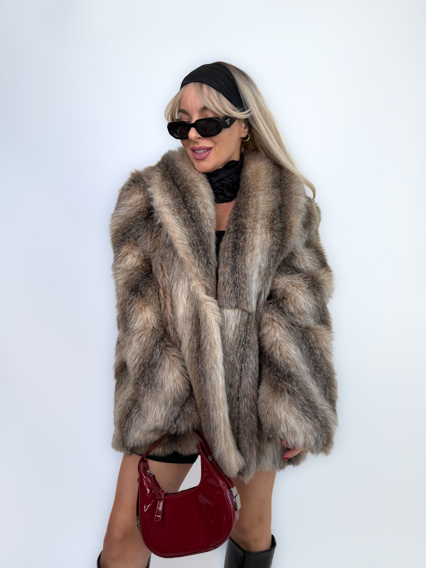 Vintage Brown Animal Print Faux Fur Winter Coat M-L