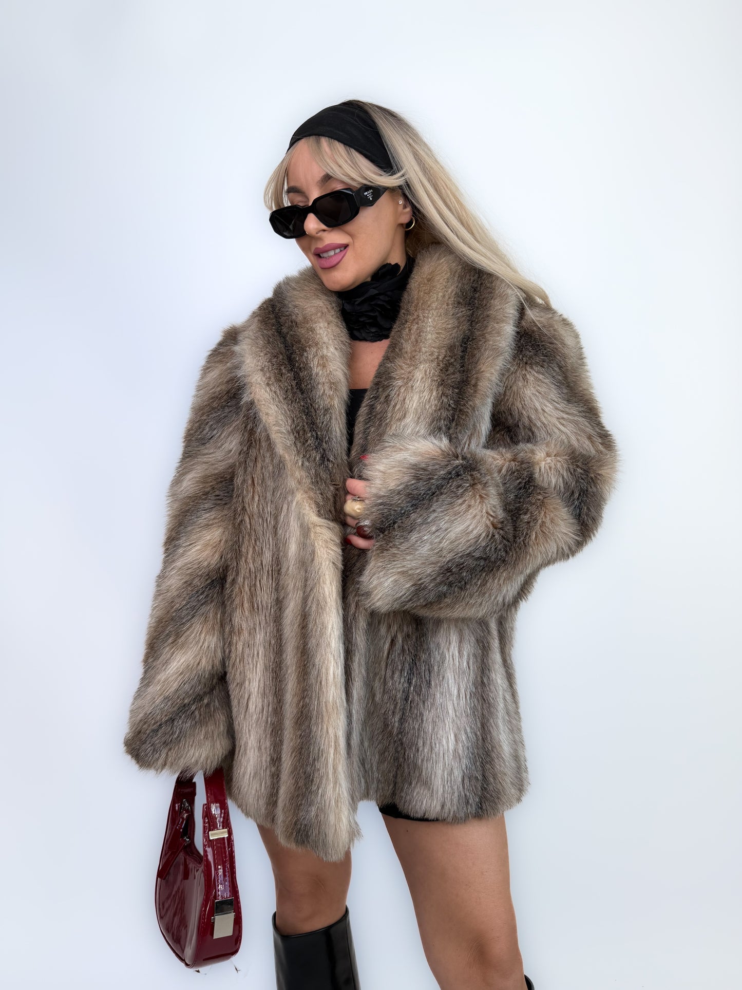 Vintage Brown Animal Print Faux Fur Winter Coat M-L