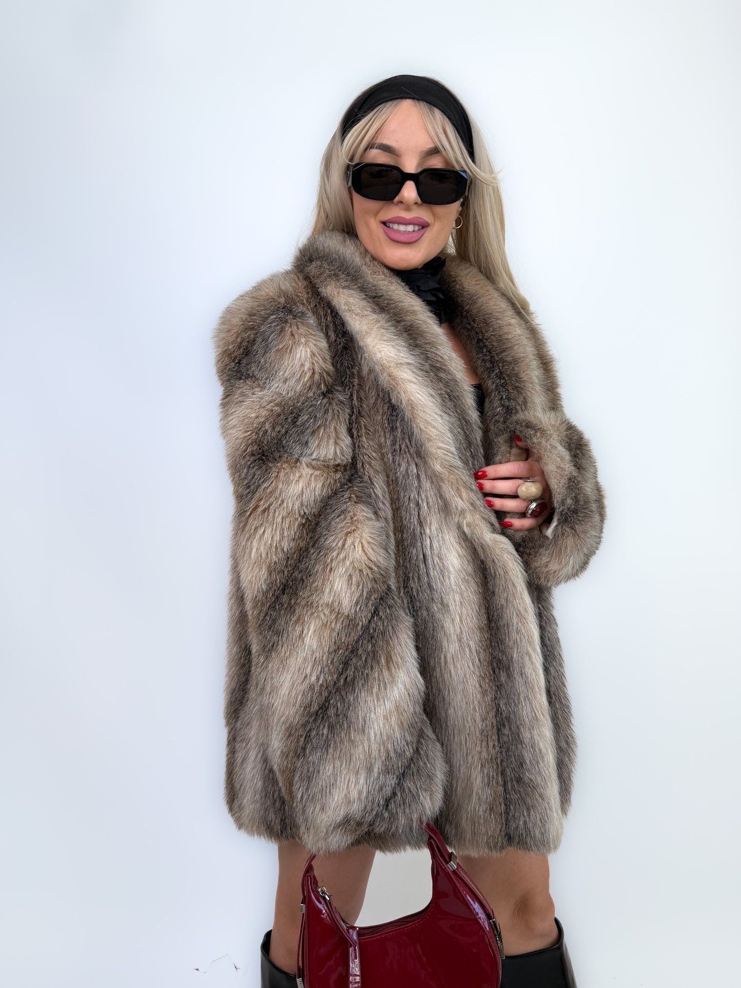 Vintage Brown Animal Print Faux Fur Winter Coat M-L