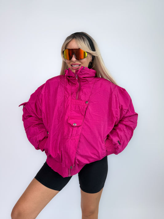 90s Neon Pink Puffer Bomber Jacket – Vintage Ski Street Style Coat M-L