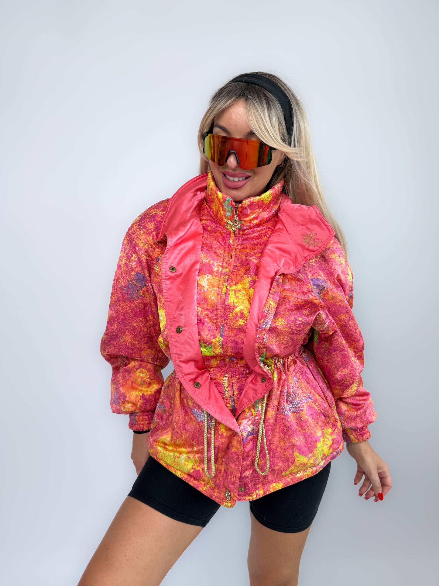 Vintage 90s Neon Tie Dye Ski Caot – Pink Yellow Cinched Waist Puffer Jacket S-M
