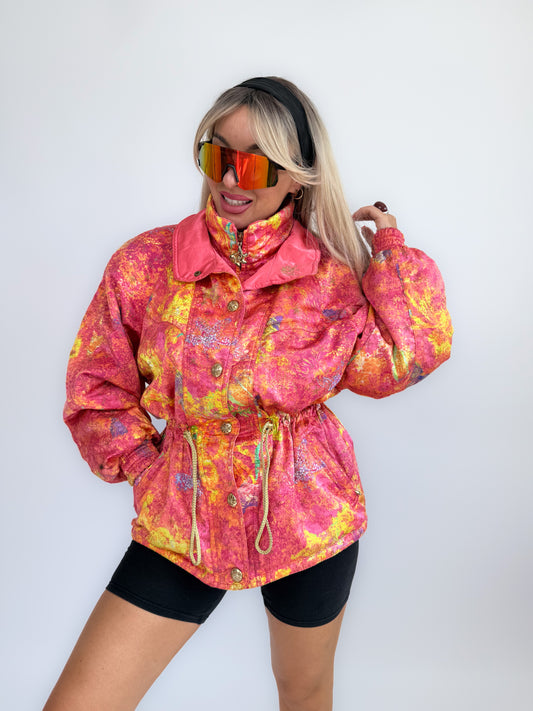 Vintage 90s Neon Tie Dye Ski Caot – Pink Yellow Cinched Waist Puffer Jacket S-M