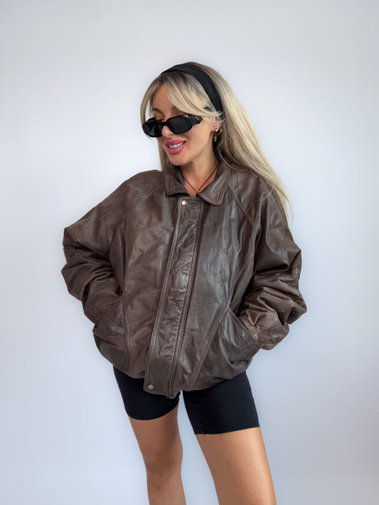 Vintage 90s Dark Brown Leather Bomber Jacket – Men's Style Biker Collared Streetwear L-XL