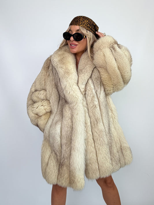 Vintage Genuine Fox Fur Coat – Ivory Oversized Real Fur Jacket S/M