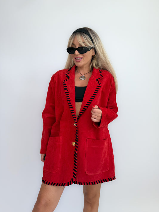 Vintage red suede leather statement blazer jacket M-L