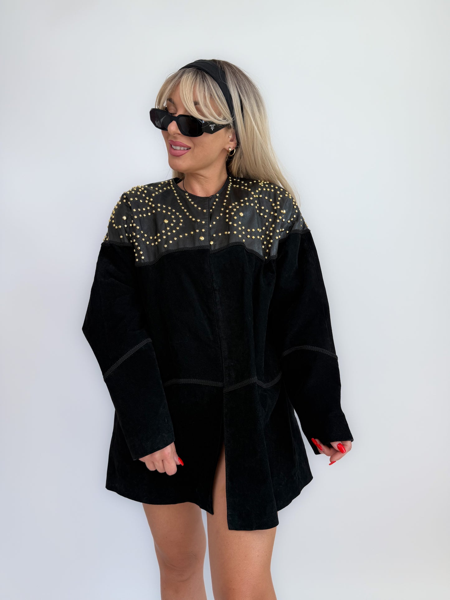 Vintage Black Suede Studded Jacket – 90s Avant Garde Statement Coat with Gold Studs S-M