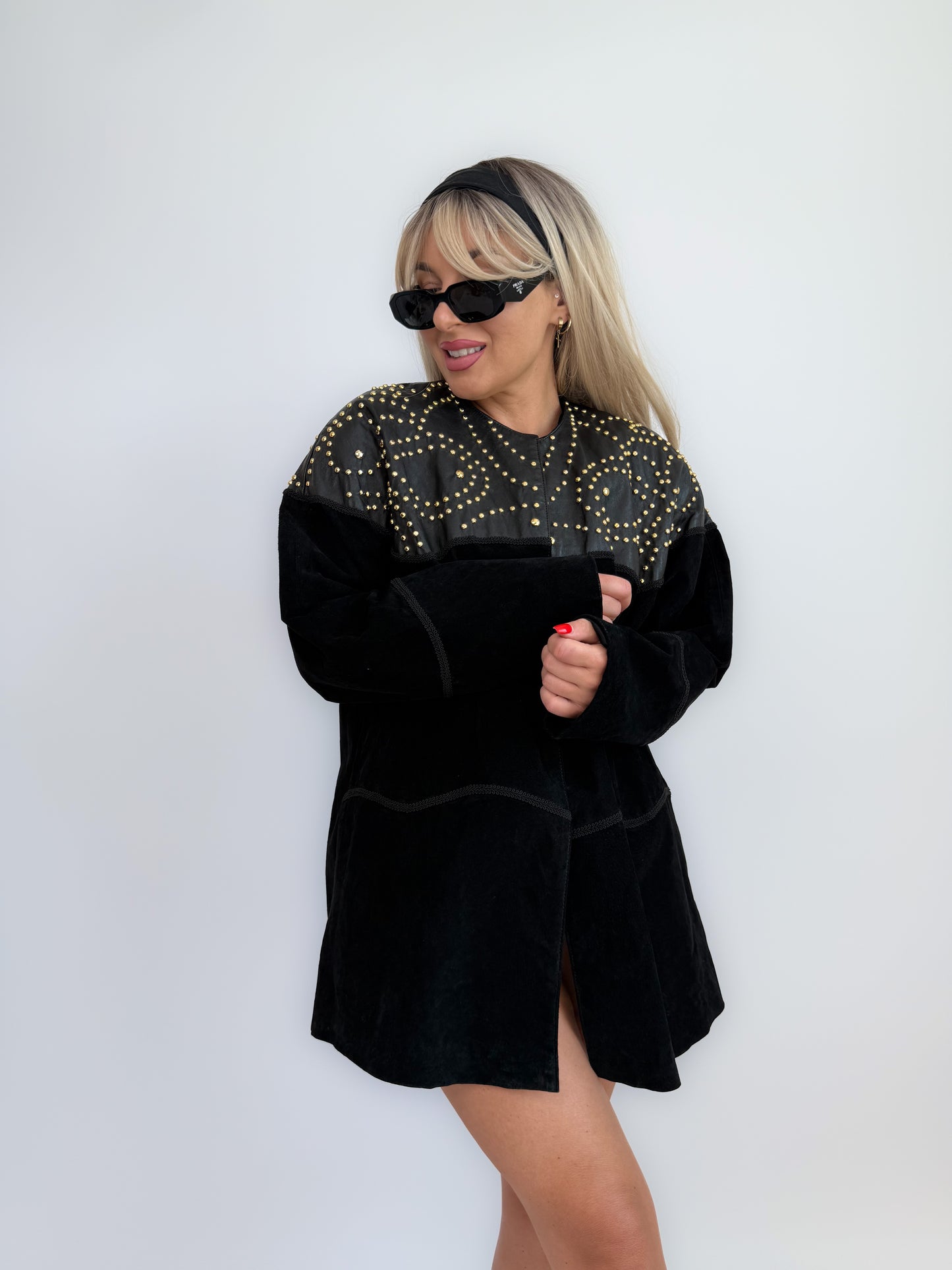 Vintage Black Suede Studded Jacket – 90s Avant Garde Statement Coat with Gold Studs S-M