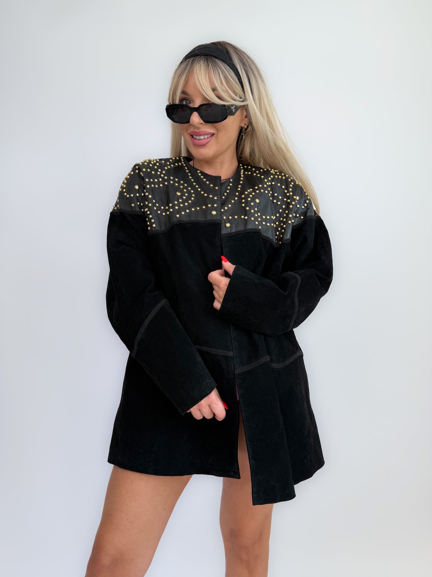 Vintage Black Suede Studded Jacket – 90s Avant Garde Statement Coat with Gold Studs S-M