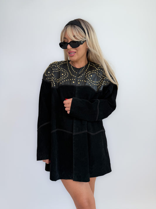 Vintage Black Suede Studded Jacket – 90s Avant Garde Statement Coat with Gold Studs S-M