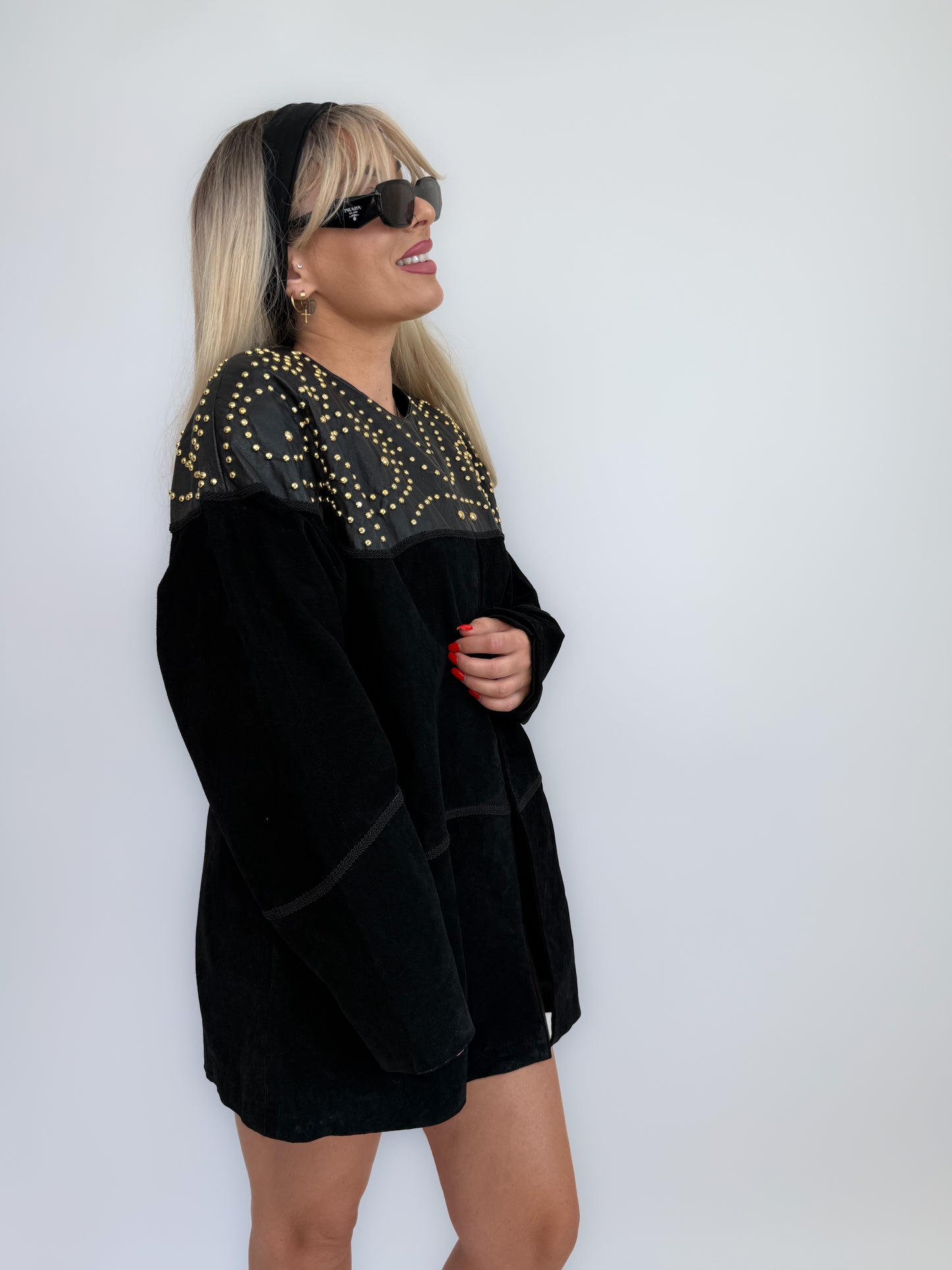 Vintage Black Suede Studded Jacket – 90s Avant Garde Statement Coat with Gold Studs S-M