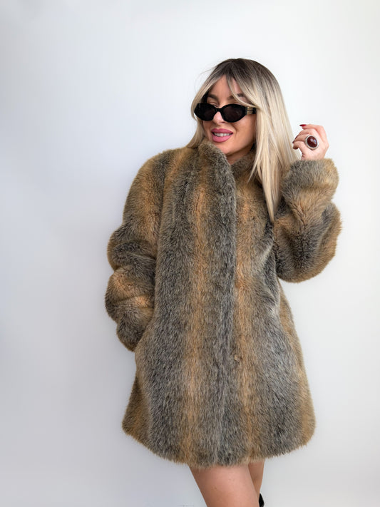 Vintage Grey & Beige Winter Faux Fur Coat